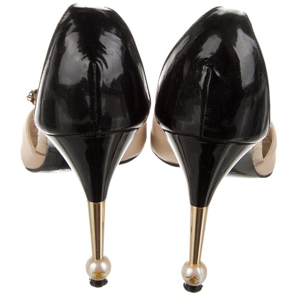 Chanel Beige Pearl Embellished Ankle Strap Heels - Picture 4 of 10